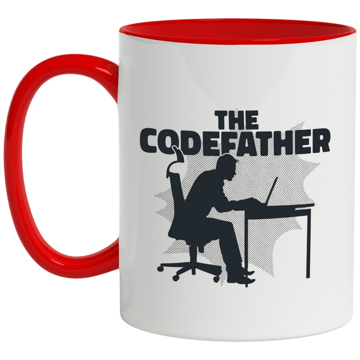 Cana The Codefather, Pentru Coderi, Programatori, Ingineri, Ceramica, 330 ml, Multicolor cu maner Rosu