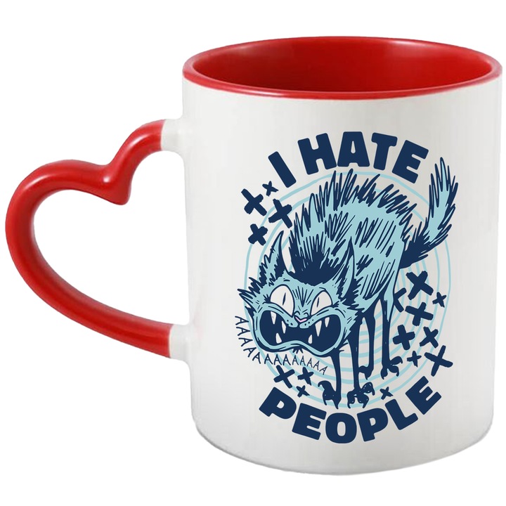 Cana I HATE PEOPLE CAT, Ceramica, 330 ml, Negru, Albastru cu maner Inima Rosie