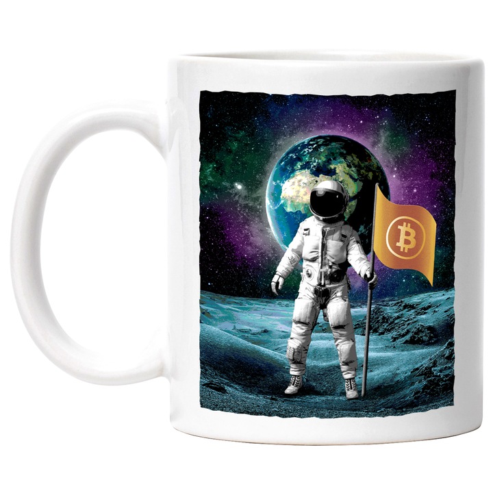 Cana Cu Astronaut Ajuns pe Luna Tinand Steagul Bitcoin in Mana. Cryptomonede, Arta, Ceramica, 330 ml, Multicolora cu maner Alb