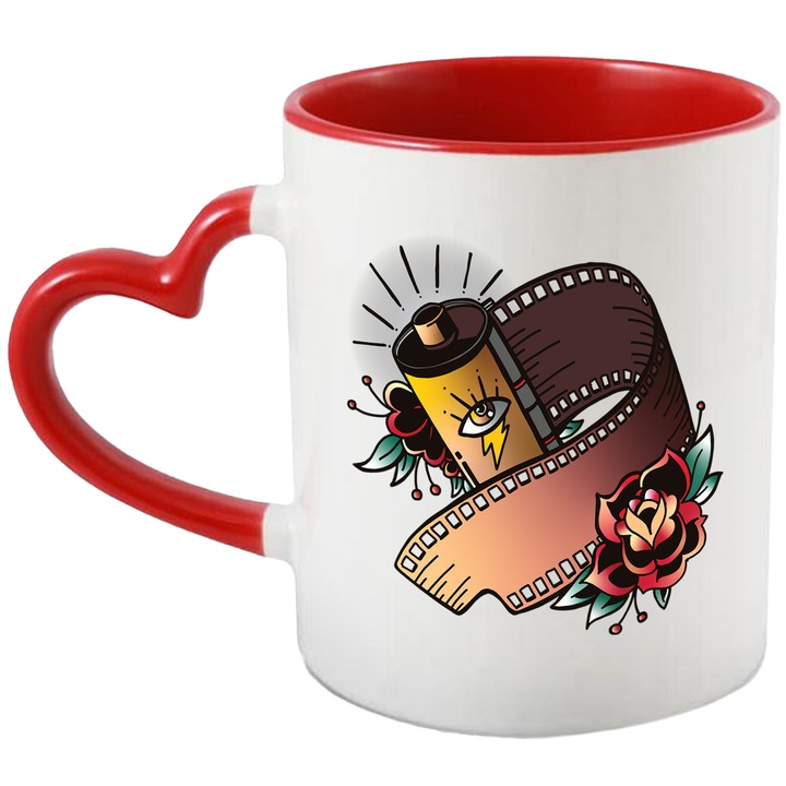 Cana Fotografie pe Film, Floare, Old School, Ceramica, 330 ml, Multicolor cu maner Inima Rosie