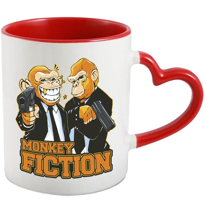 Cana Maimutele Gangstar, Monkey Fiction, Costume, Pistoale, Dinte Auriu, Ceramica, 330 ml, Multicolor cu maner Inima Rosie