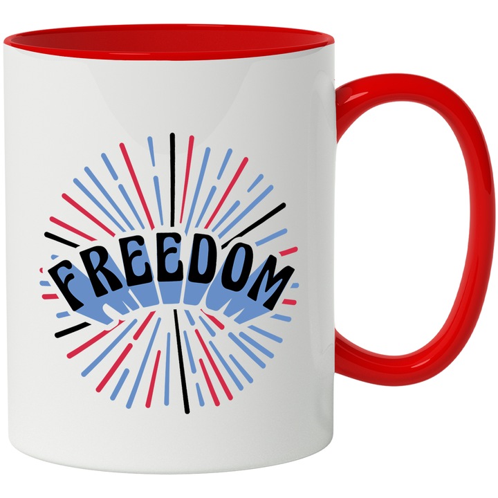 Cana Cu Mesaj Motivational "Libertate-Freedom", Ceramica, 330 ml, Negru, Rosu, Albastru cu maner Rosu