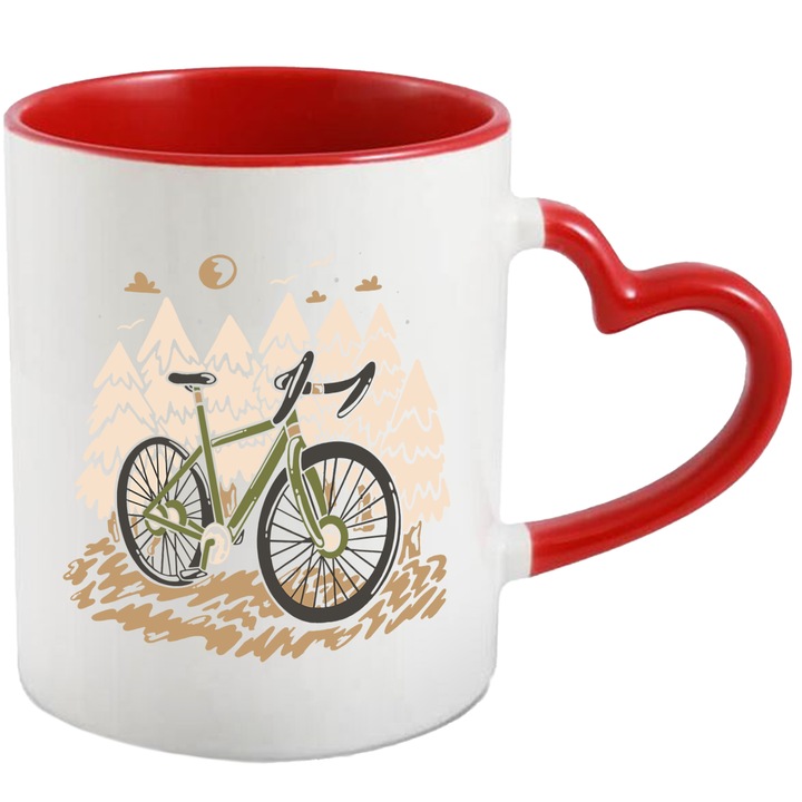 Cana Personalizata Iubitorii de Ciclism, Padure, Munte, Offroad, Semicursiera, Dirt Bike, Ceramica, 330 ml, Multicolor cu maner Inima Rosie