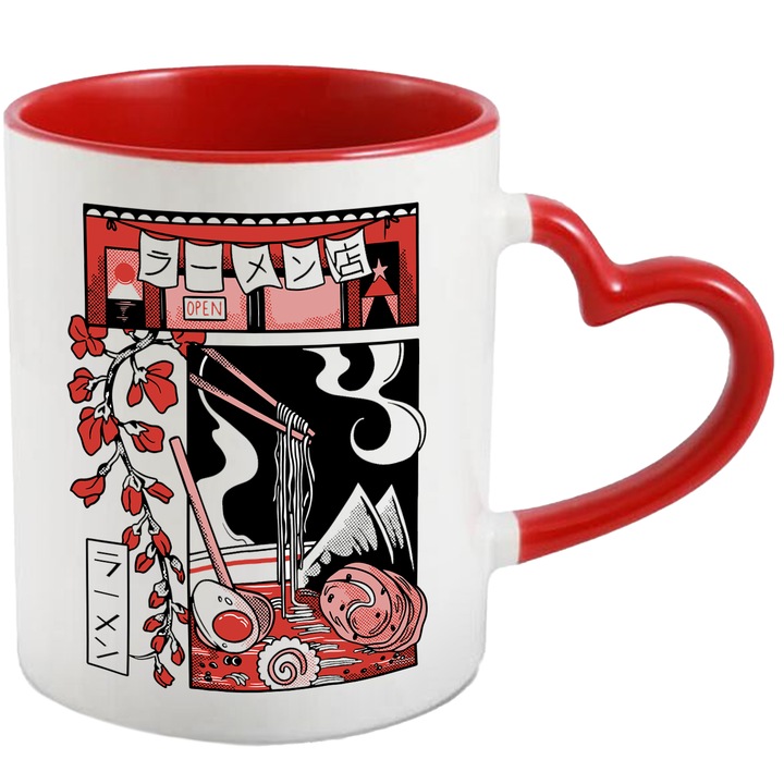 Cana Japanese-Ramen-Food, Ceramica, 330 ml, Negru, Rosu cu maner Inima Rosie