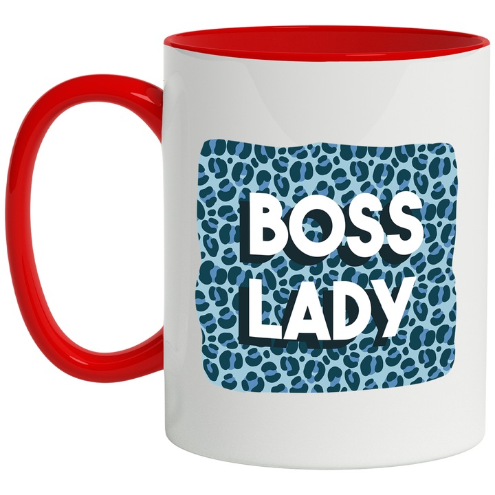 Cana Pentru Cea Mai Buna Sefa, Boss Lady, Ceramica, 330 ml, Multicolor cu maner Inima Rosie