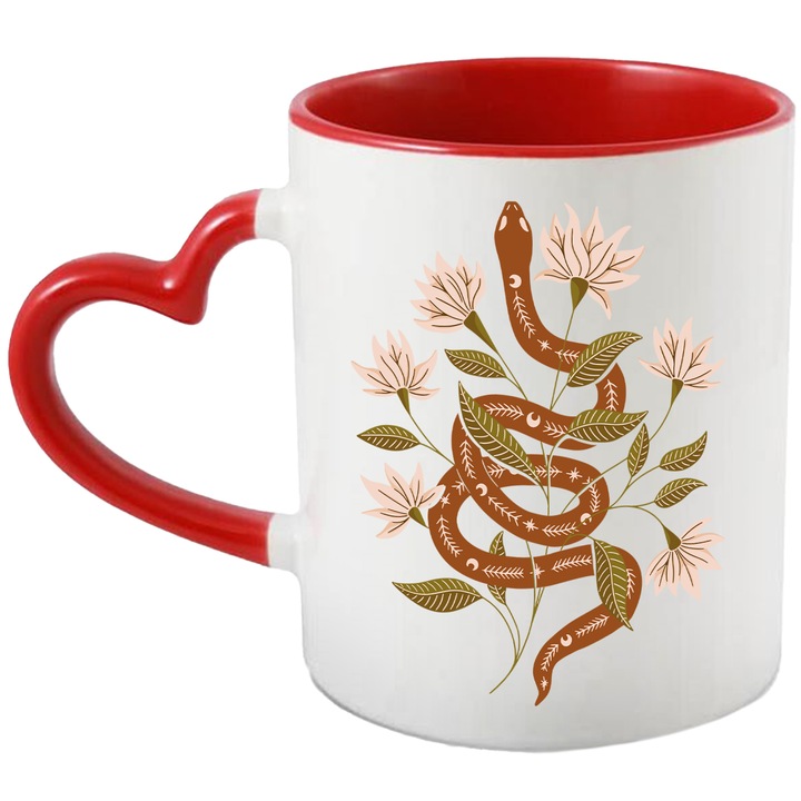 Cana Sarpele din Flori, Ceramica, 330 ml, Multicolor cu maner Inima Rosie