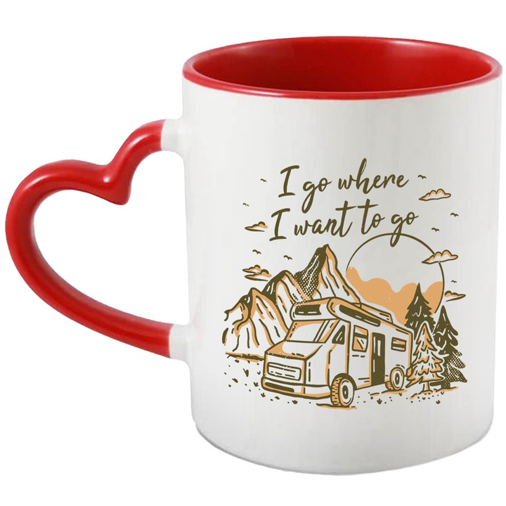 Cana Pentru Calatorii cu Rulota, I Go Where I want to Go, Munte, Padure, Soare, Nori, Ceramica, 330 ml, Multicolor cu maner Inima Rosie