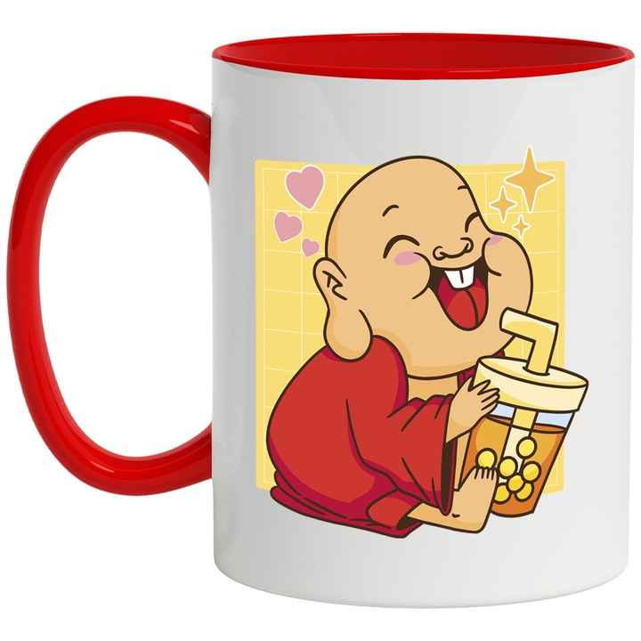 Cana Cu Calugarul Baby Buddha, Zen, Meditatie, Stare de bine, 330 ml si Culorile Rosu, Galben, Portocaliu, Alb cu maner Rosu
