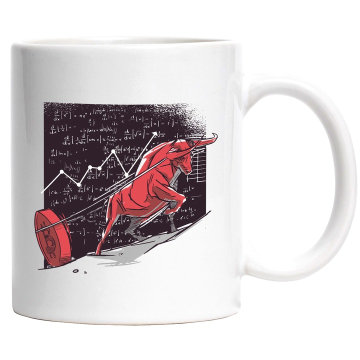 Cana Taur, Bitcoin, Big Wins, Investitii in Cryptomonede, Blockchain, Trend UP, Ceramica, 330 ml, Alb, Negru, Rosu cu maner Alb