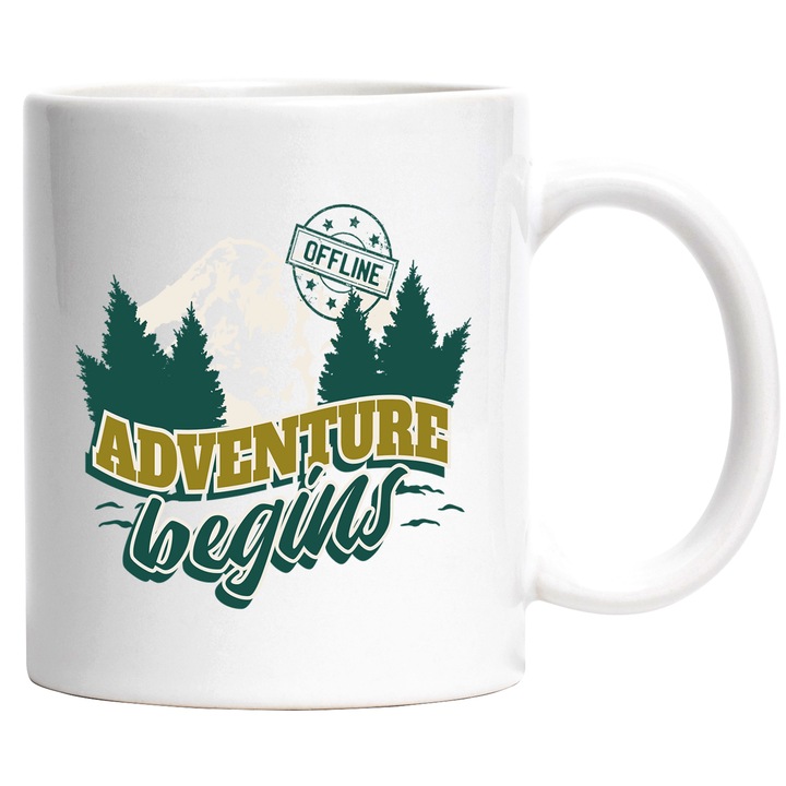 Cana Offline, Aventura Incepe, Munte, Soare, Padure, Aventurieri, Ceramica, 330 ml, Multicolor cu maner Alb
