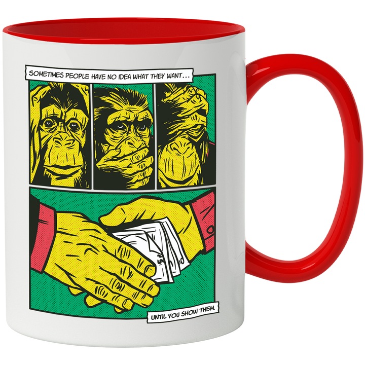 Cana Spaga, Atentie, Tips, Maimuta nu Vad, Aud sau Vorbesc, Coruptie, Ceramica, 330 ml, Multicolor cu maner Rosu