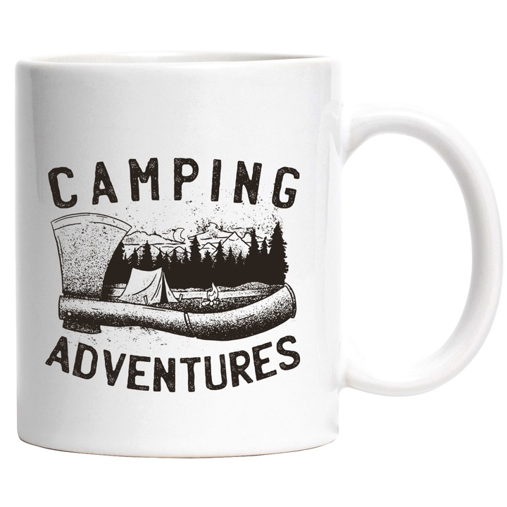 Cana Pentru Iubitorii de Calatorii, Drumetii si de Aventuri cu Cortul cu Mesajul Camping Adventures, 330 ml, Negru cu maner Alb