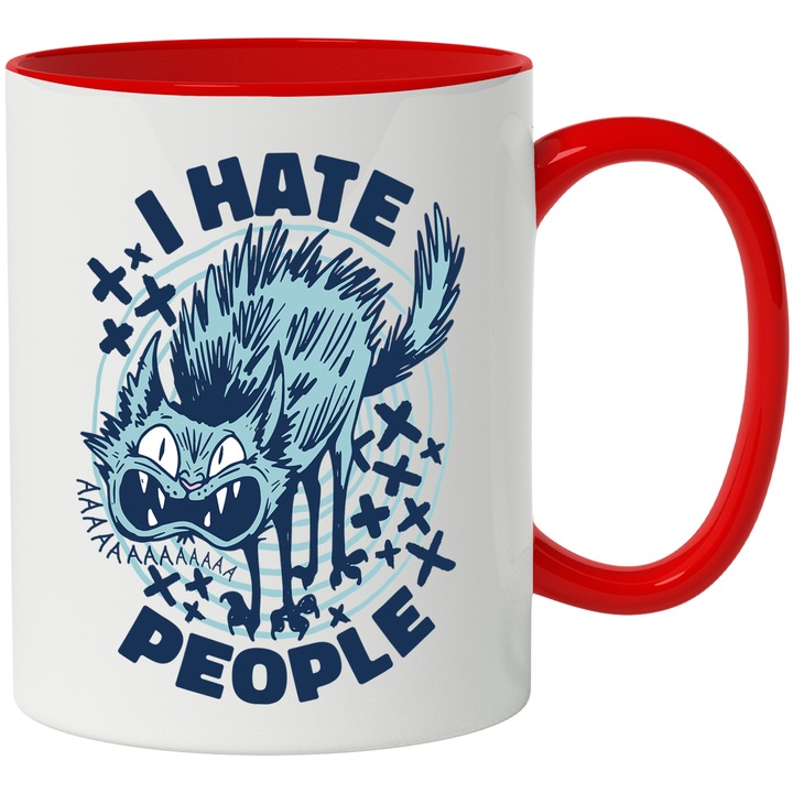 Cana I HATE PEOPLE CAT, Ceramica, 330 ml, Negru, Albastru cu maner Rosu
