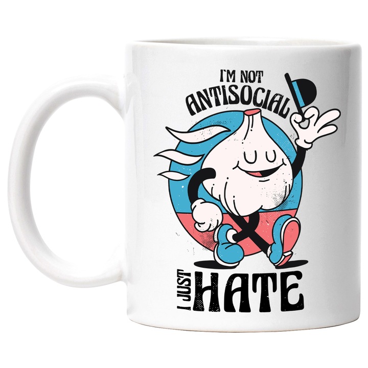 Cana I'm Not AntiSocial, Ceramica, 330 ml, Roz, Albastru cu maner Alb