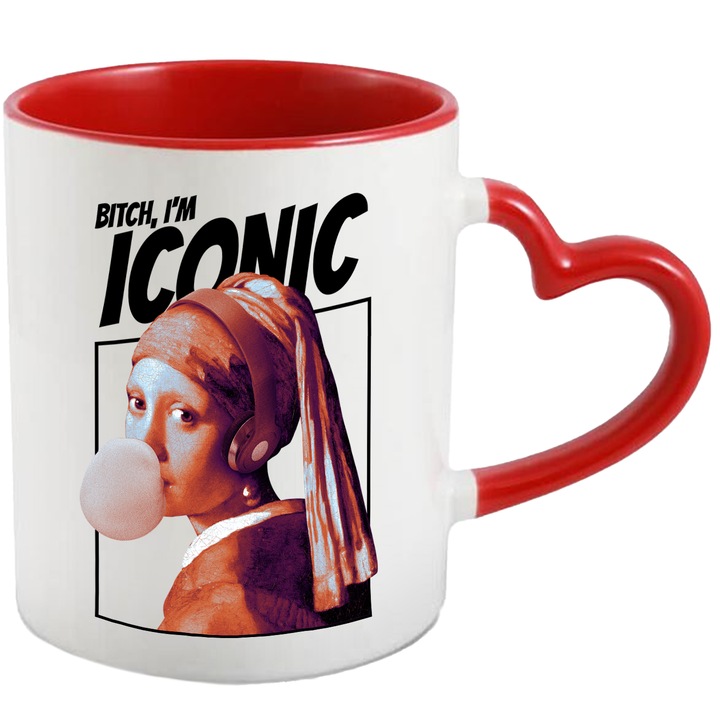 Cana "Fata cu Cercel de Perla I'm Iconic", Ceramica, 330 ml, Multicolor cu maner Inima Rosie