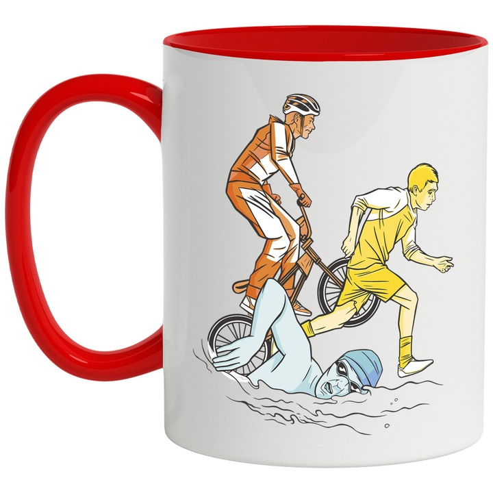 Cana Personalizata Pentru Pasionatii si Iubitorii de Sport, Ciclism, Alergat si Inot, Ceramica, 330 ml, Portocaliu, Galben, Albastru cu maner Rosu