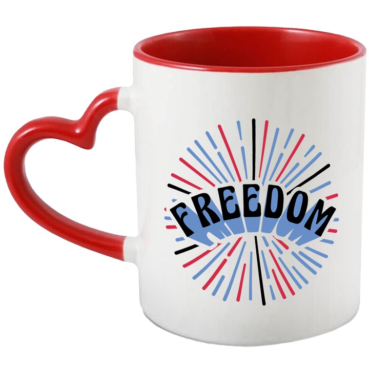 Cana Cu Mesaj Motivational "Libertate-Freedom", Ceramica, 330 ml, Negru, Rosu, Albastru cu maner Inima Rosie