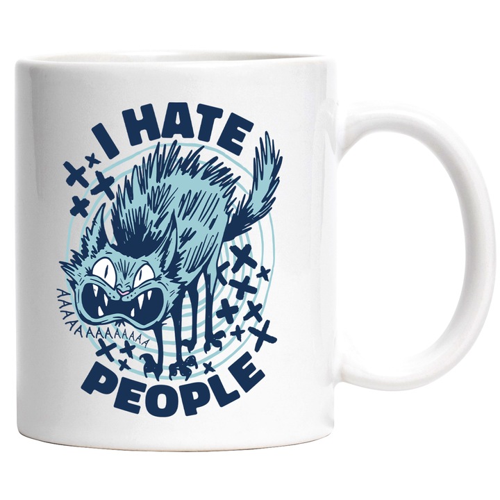 Cana I HATE PEOPLE CAT, Ceramica, 330 ml, Negru, Albastru cu maner Alb