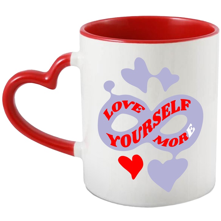 Cana Cu Measj Motivational "Love Yourself More Infinit", Ceramica, 330 ml, Albastru, Rosu cu maner Inima Rosie