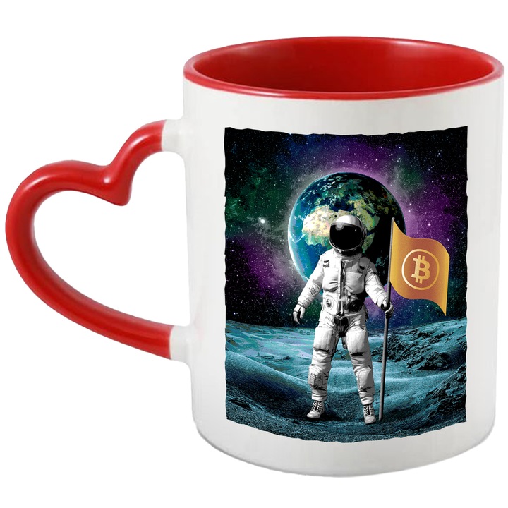 Cana Cu Astronaut Ajuns pe Luna Tinand Steagul Bitcoin in Mana. Cryptomonede, Arta, Ceramica, 330 ml, Multicolora cu maner Inima Rosie