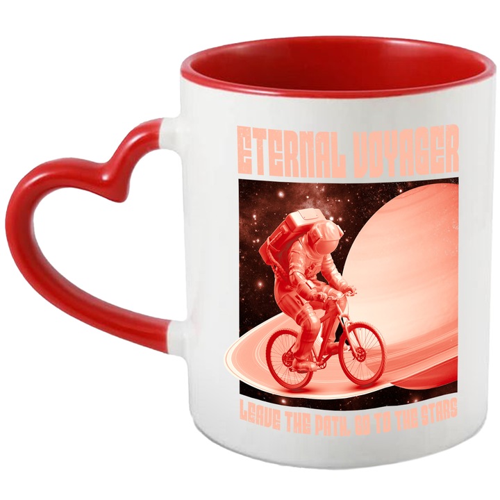 Cana Astronaut cu Bicicleta, Ceramica, 330 ml, Negru, Maro, Alb cu maner Inima Rosie