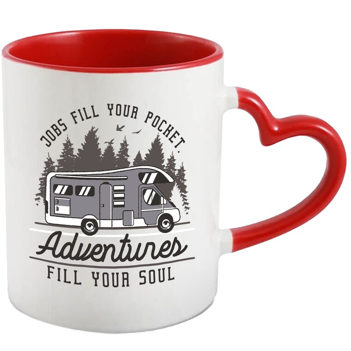 Cana Pentru Calatorii cu Rulota si Iubitorii de Aventura cu Mesajul Adventures Fill Your Soul 330 ml si Alb cu maner Inima Rosie