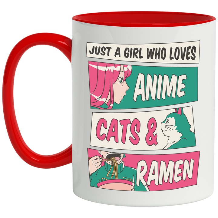 Cana Anime Cats & Ramen, Ceramica, 330 ml, Multicolor cu maner Rosu