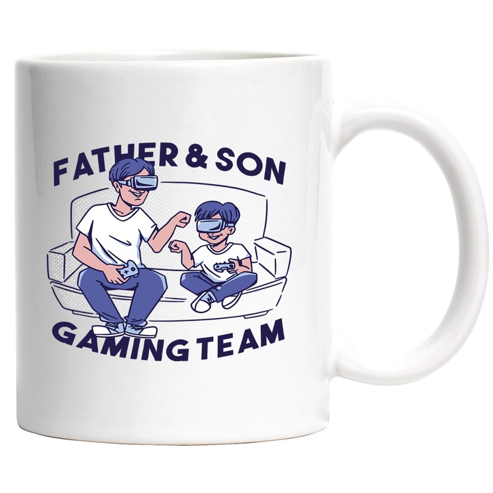 Cana Tata si Fiu, Jocuri Video, Echipa, VR, Consola, Play Station, x box, Distractie, Quality Time, Ceramica, 330 ml, Multicolor cu maner Alb