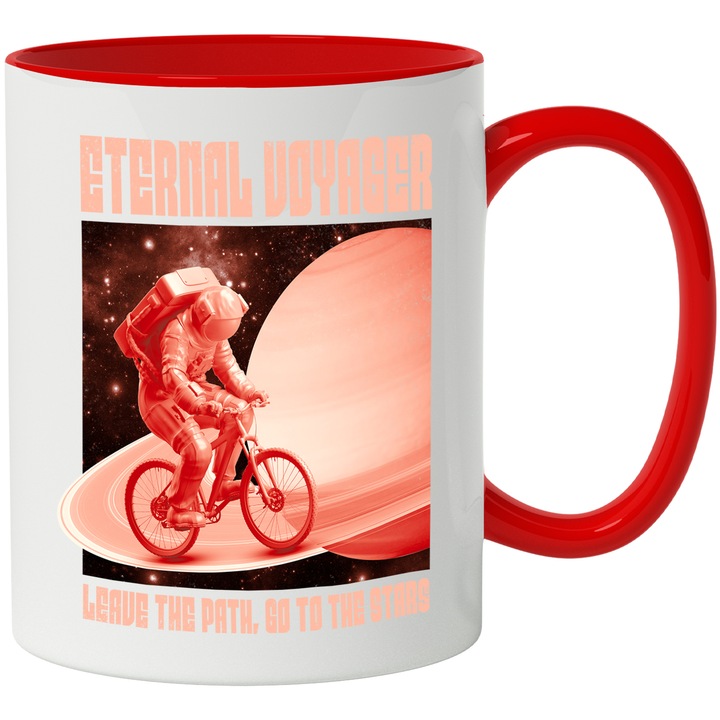 Cana Astronaut cu Bicicleta, Ceramica, 330 ml, Negru, Maro, Alb cu maner Rosu