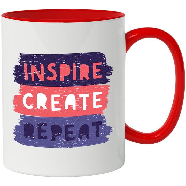 Cana Inspire, Create, Repeat, Ceramica, 330 ml, Multicolor cu maner Rosu