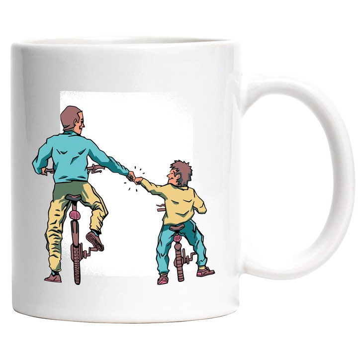 Cana Tata si Fiu pe Bicicleta, Ceramica, 330 ml, Multicolor cu maner Alb