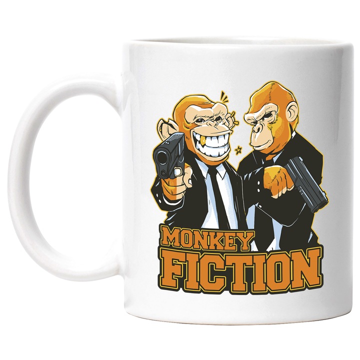 Cana Maimutele Gangstar, Monkey Fiction, Costume, Pistoale, Dinte Auriu, Ceramica, 330 ml, Multicolor cu maner Alb