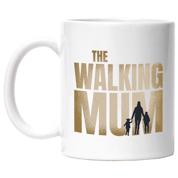Cana Pentru Mame, Fata si Baiat Cu Mesajul in Engleza The Walking Mum, Ceramica, 330 ml, Multicolor cu maner Alb