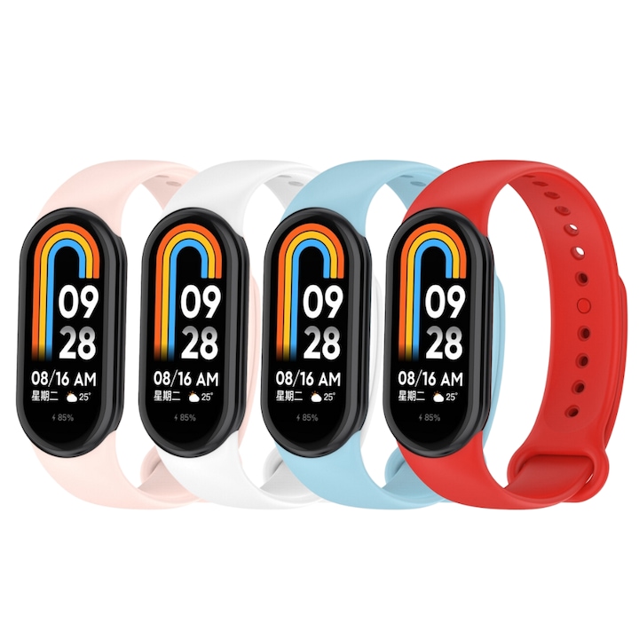 Set 4 curele pentru Xiaomi Mi Band 8/ 8 NFC, silicon, roz, alb, albastru, rosu