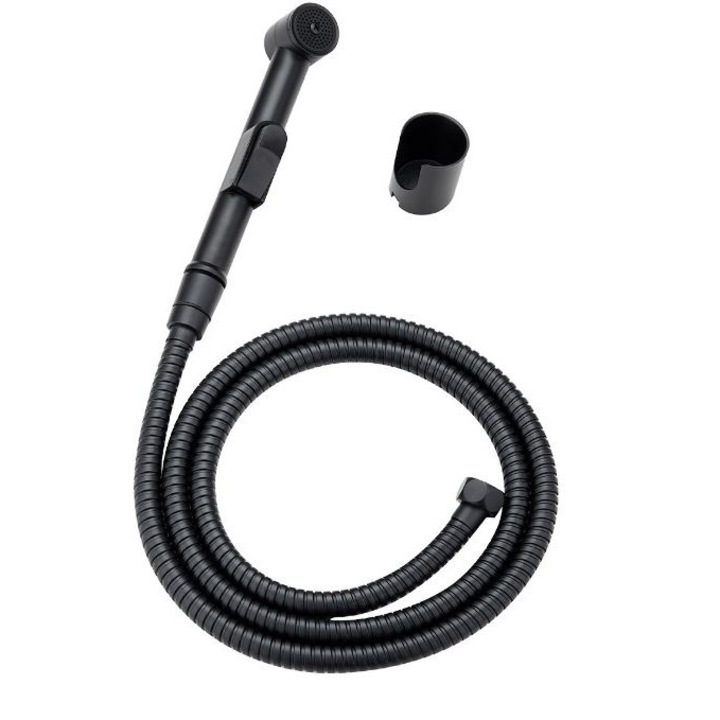 Set bideu, Laveo NAF 71BD, cu furtun metalic 1.5m, para bideu si suport dus, negru mat