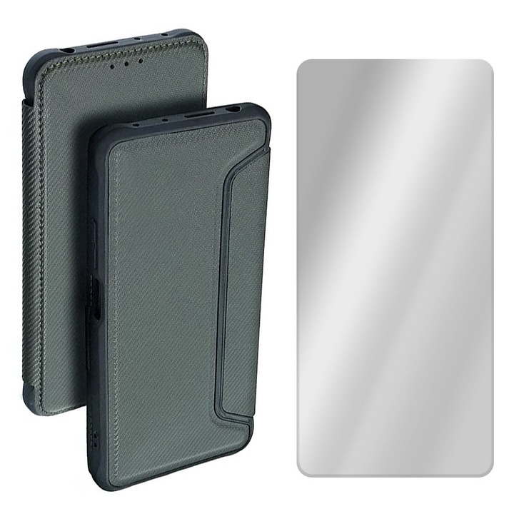 Комплект противоударен флип калъф и 2.5D стъклен протектор, Съвместим с Xiaomi Redmi Note 12 Pro Plus 5G, Магнитно закопчаване, Карбонова вложка, Тип тефтер, Отделение за карта, Full 360 Protection, Зелен