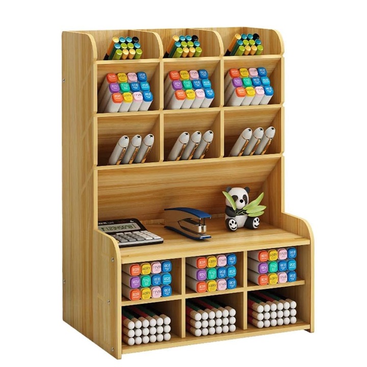 Organizator pentru birou, NUODWELL, Material din lemn natural, design compartiment, 13 pozitii de depozitare, capacitate mare, economiseste spatiu pe masa, maro