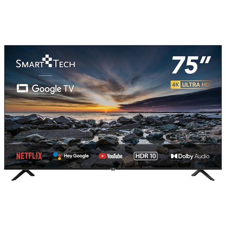 Smart Tech 75UG10V1, UHD Google TV, 75" ( 189 cm), 2G/8G, Dolby Audio, 2T2R Wi-Fi, Bluetooth, Google Assistant, Netflix, YouTube, Amazon Prime