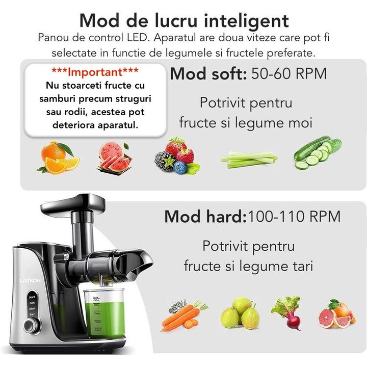 Storcator de Fructe si Legume, Latkon®, Storcator cu Presare la Rece, 2 Viteze Soft/Hard, Display LED, Sita Inox, 150W, Ax Melcat, Recipient Suc 450ml, Sticla Calatorii 500ml, Recipient Pulpa 1000ml, Functie Reverse, Anti-Alunecare, Storcator Citrice, Gri