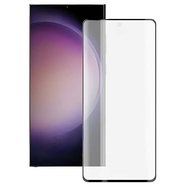 3D üvegfólia Samsung Galaxy S24 Ultra készülékhez, Ultra átlátszó, teljes ragasztó, oleofób kezelés, magas fokú ellenállás 9H, érintésérzékenység, UV-védelem, ujjlenyomat-, ütés-, karcolás-, fekete élek