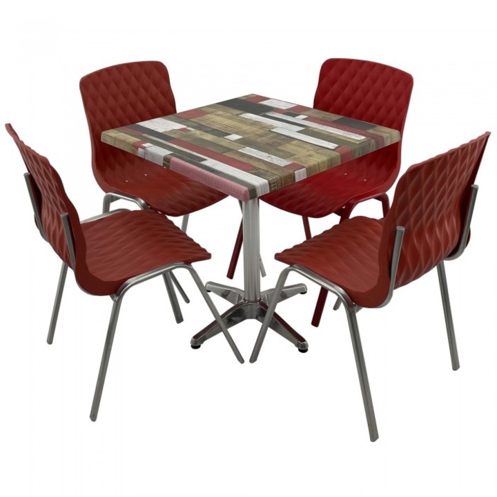 Set mobila de terasa restaurant RAKI Redden Wood masa patrata 70x70cm cu blat werzalit si baza aluminiu, 4 scaune ROYAL rosii