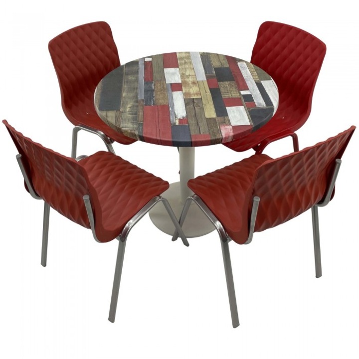 Set mobila de terasa restaurant RAKI Redden Wood masa rotunda 80cm cu blat werzalit si baza metalica culoare alba, 4 scaune ROYAL rosii