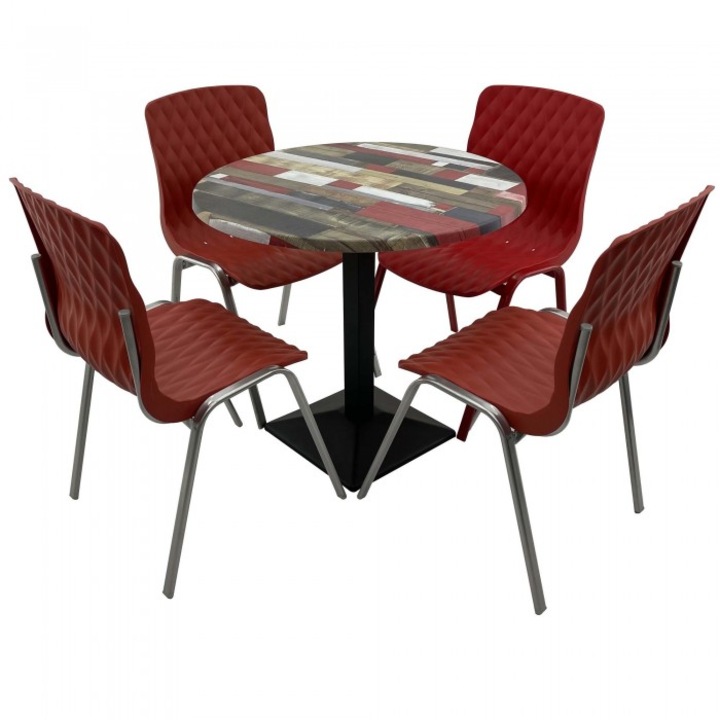Set mobila de terasa restaurant RAKI Redden Wood masa rotunda 80cm cu blat werzalit si baza metalica culoare negru, 4 scaune ROYAL rosii