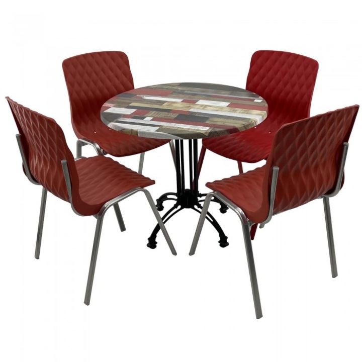 Set mobila de terasa restaurant RAKI Redden Wood masa rotunda 80cm cu blat werzalit si baza retro, clasic, 4 scaune ROYAL rosii
