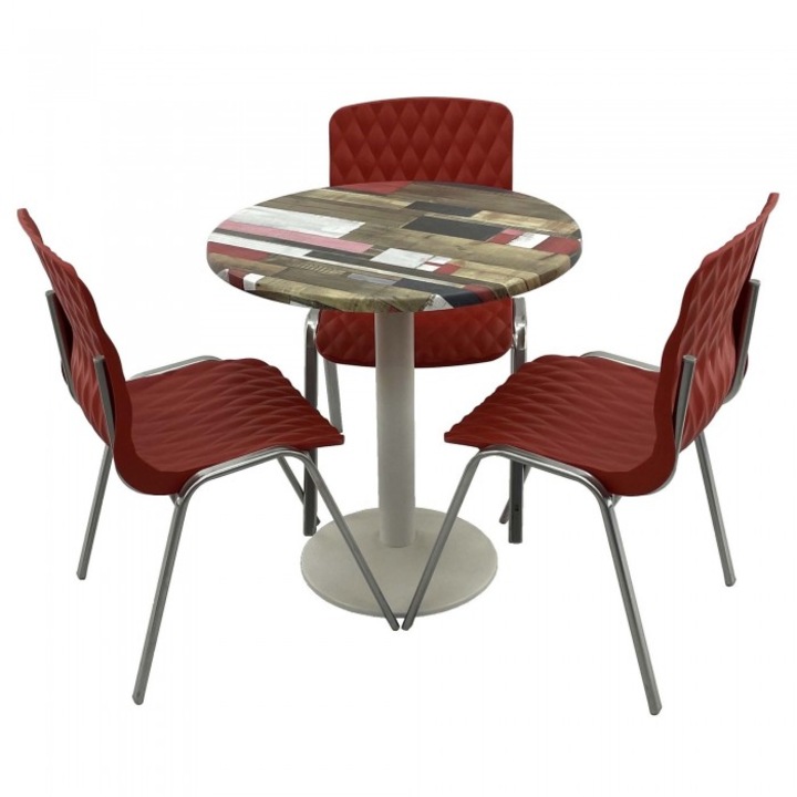 Set mobila de terasa restaurant RAKI Redden Wood masa rotunda 70cm cu blat werzalit si baza metalica culoare alba, 3 scaune ROYAL rosii