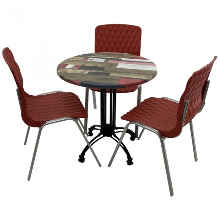 Set mobila de terasa restaurant RAKI Redden Wood masa rotunda 70cm cu blat werzalit si baza retro, 3 scaune ROYAL rosii