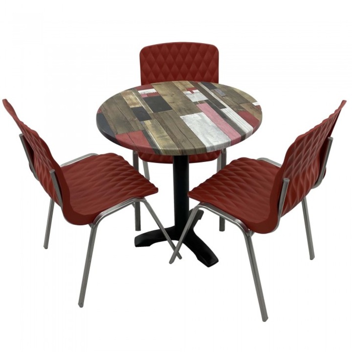 Set mobila de terasa restaurant RAKI Redden Wood masa rotunda 70cm cu blat werzalit si picior metalic culoare negru, 3 scaune ROYAL rosii