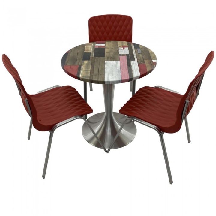 Set mobila de terasa restaurant RAKI Redden Wood masa rotunda 70cm cu blat werzalit si baza aluminiu, 3 scaune ROYAL rosii