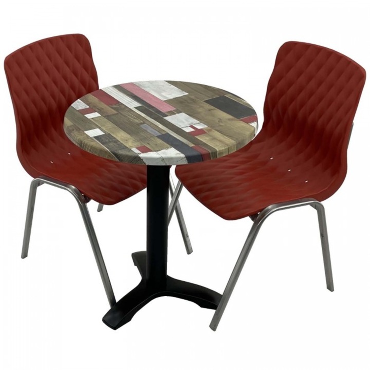 Set mobila de terasa restaurant RAKI Redden Wood masa rotunda 60cm cu blat werzalit si picior metalic culoare negru, 2 scaune ROYAL rosii