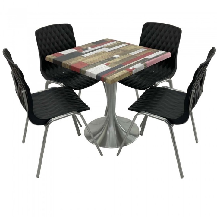 Set mobila de terasa restaurant RAKI Redden Wood masa patrata 80x80cm cu blat werzali si baza din aluminiu, 4 scaune ROYAL negre
